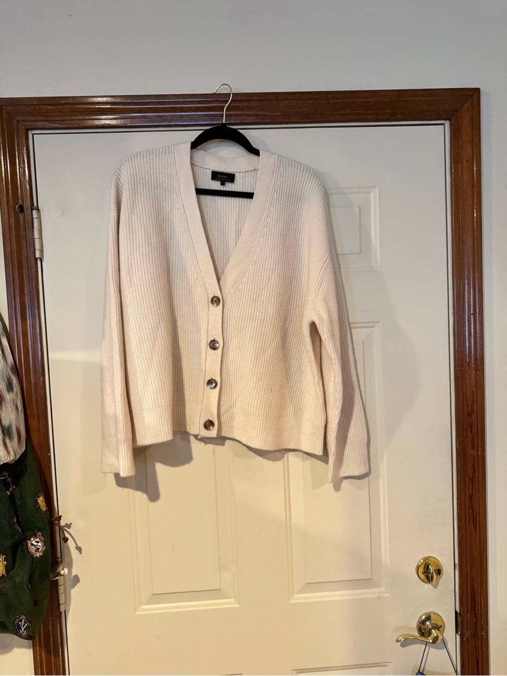 Quince Cream Rib-Knit V-Neck Button Cardigan 100% Cashmere